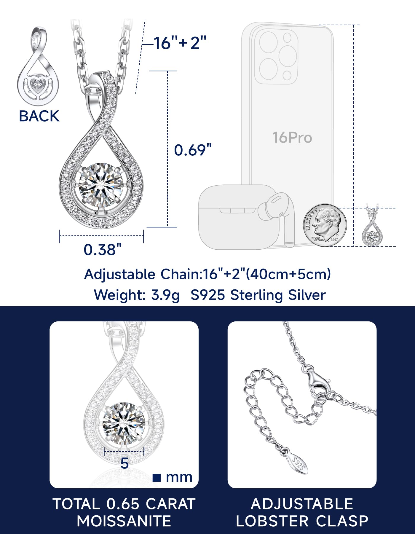 MomentWish Infinity Moissanite Necklace for Women 0.5Carat D Color VVS1 925 Sterling Silver Moissanite Pendant Necklace Anniversary Birthday Gifts for Wife