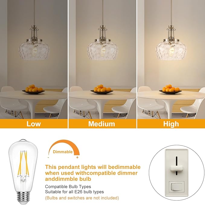 Modern Pendant Lights Kitchen Island, Brushed Nickel Pendant Light Fixtures with 10" Clear Hammered Glass Shade, Industrial Hanging Pendant Lights Fixture for Kitchen Island Dining Room Bedroom Foyer