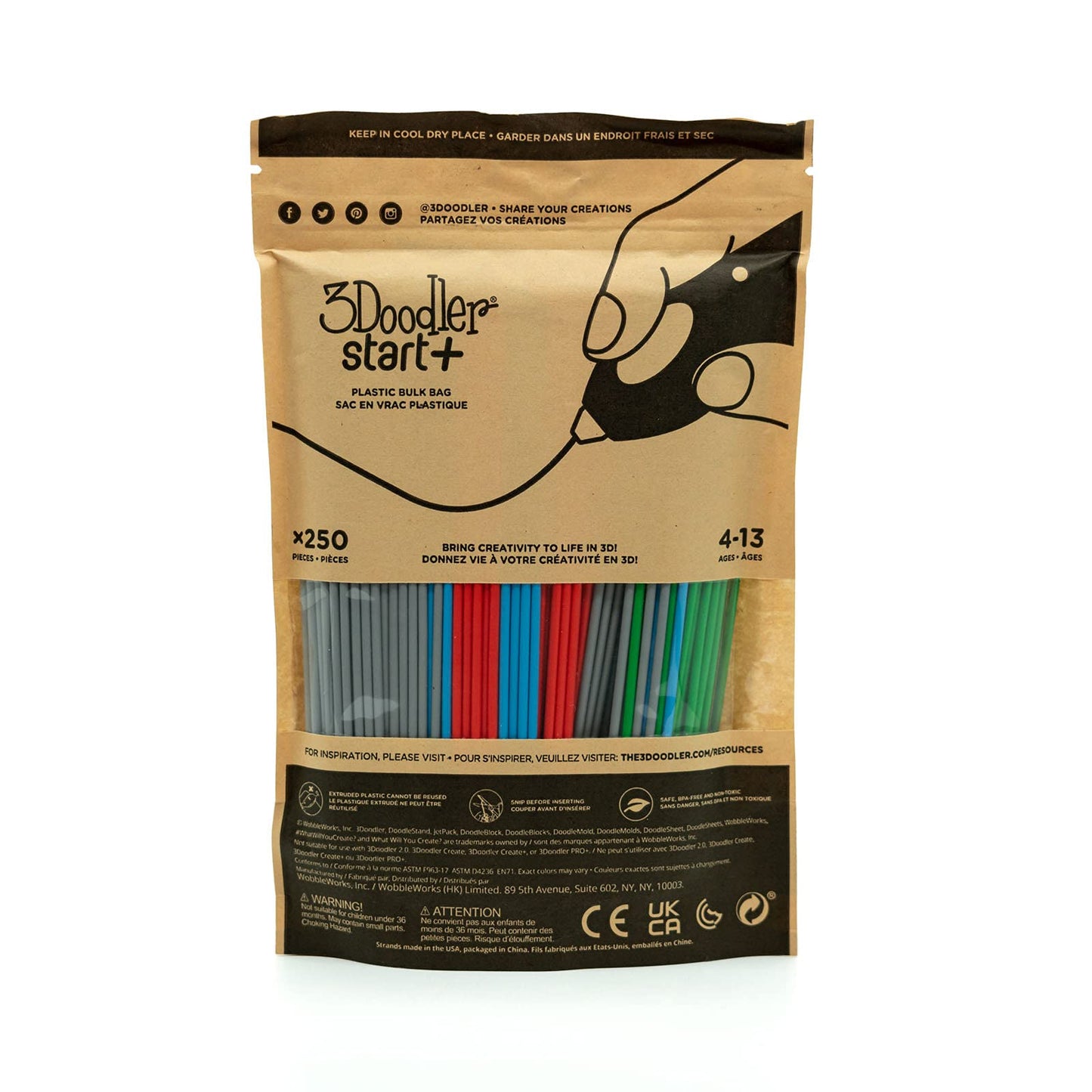 3Doodler Start 3D Printing Filament Refill Bag for 6+ years old (x250 Strands, Over 1250 ft. of Extruded Plastic) - Primary Pow