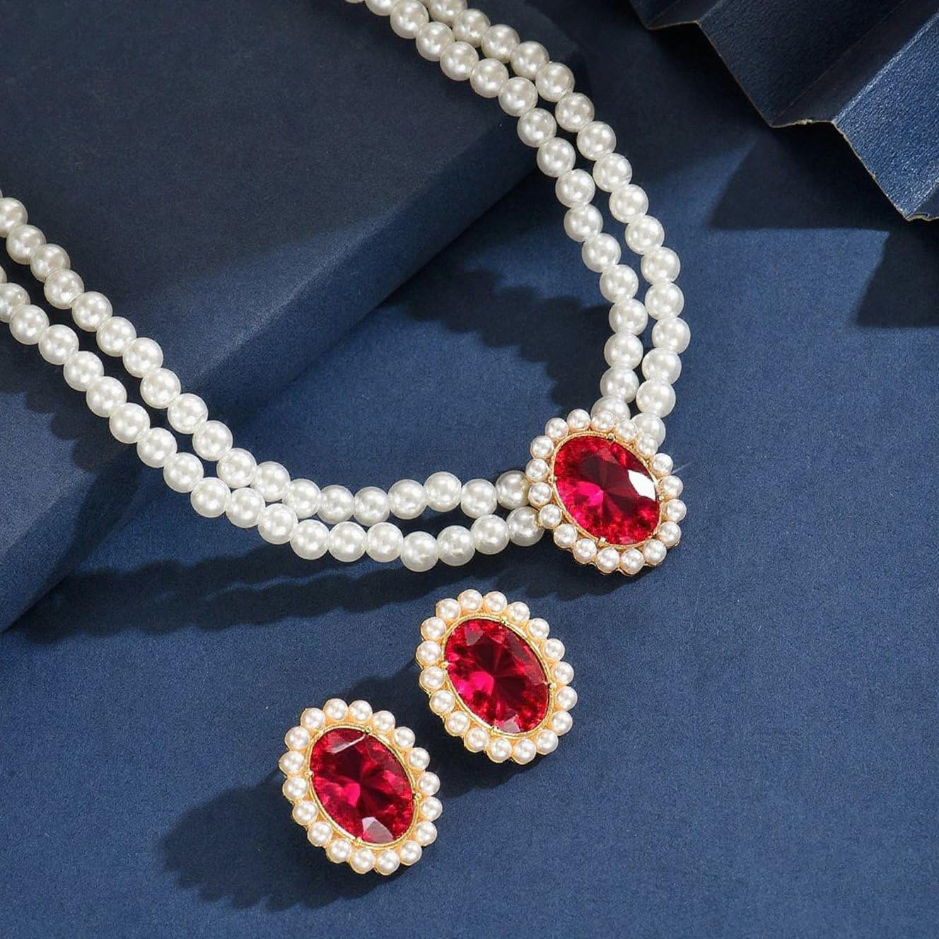 CSIYANJRY99 Pearl Necklace and Earring Set Faux Pearl Jewelry Sets for Women Imitation Beaded Pearl Necklace Bracelet Stud Earrings for Women（RD）