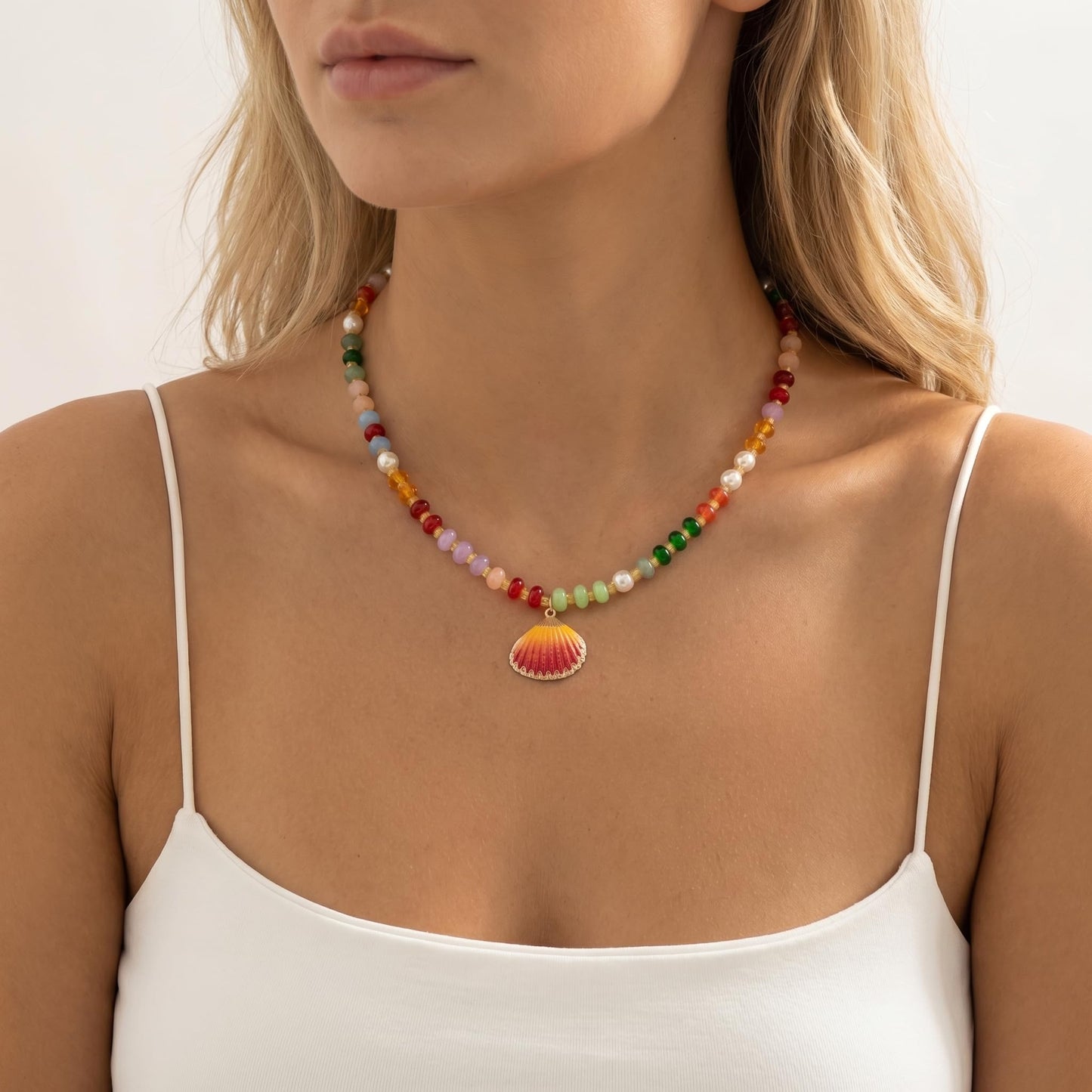 Frigotine Colorful Beaded Pearl Necklace for Women, Cute Orange Shell Pendant Trendy Summer Beach Boho Jewelry Gift