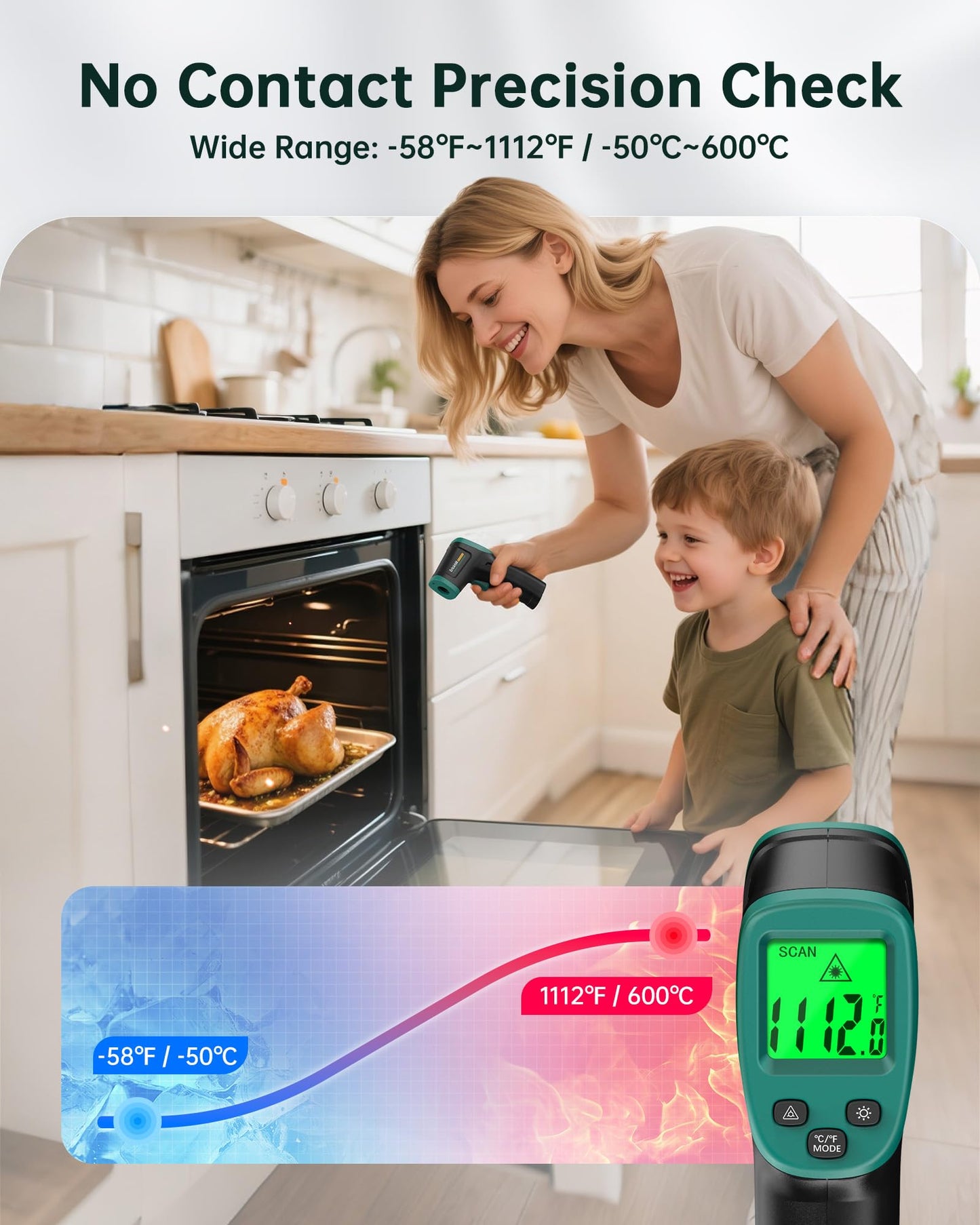 ERICKHILL ROOKCORE Infrared Thermometer -50℃~600℃ Adjustable Emissivity Non-Contact Laser Thermometer Gun LCD Backlit Display -Compact Size for Vehicle Repair/Cooking/BBQ/Freezer/Food, Dark Green