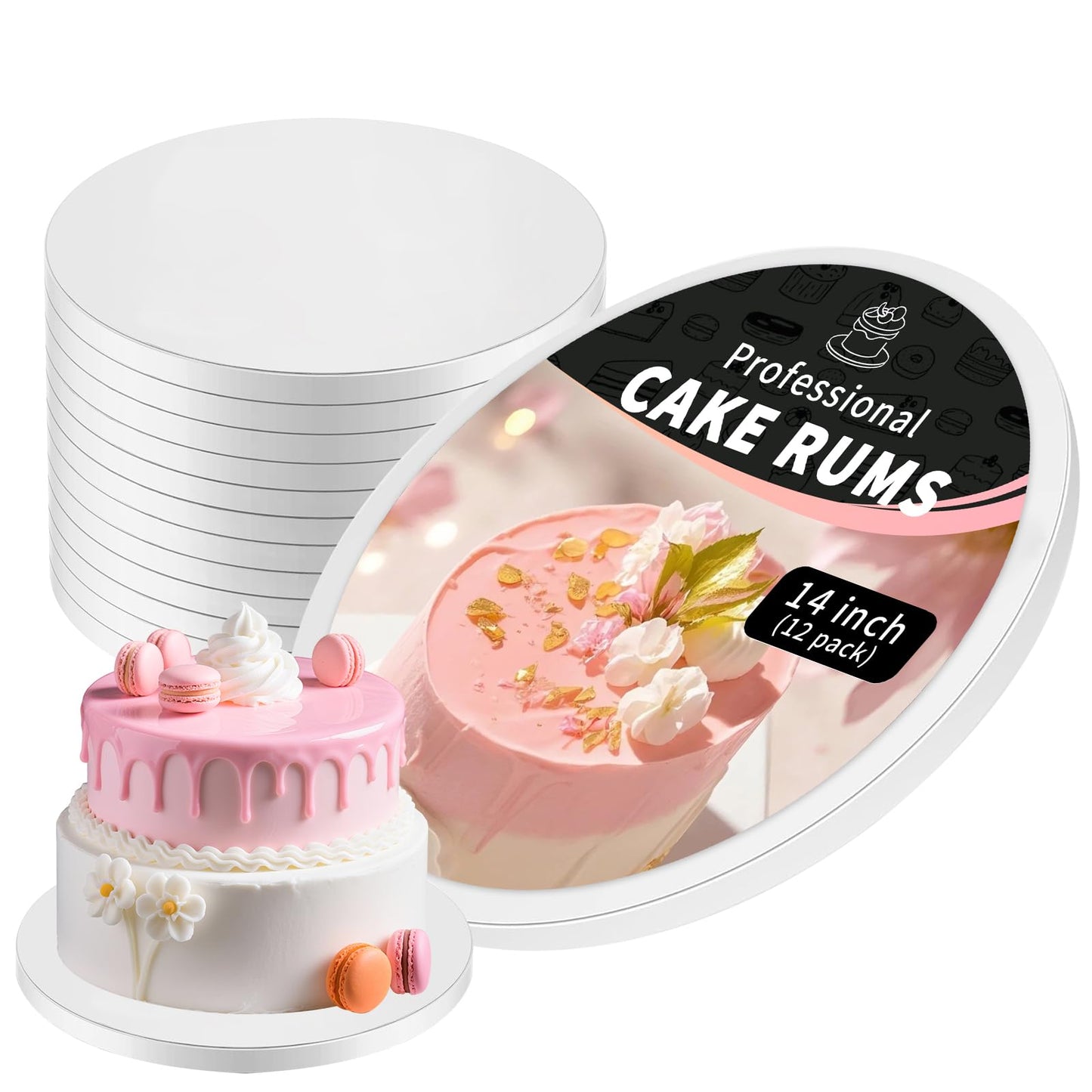 CHENZEM 12 pcs Large Cake Boards Drum 14 Inch Round, 1/2" Thick Cake Drums, Cake Decorating Supplies Sturdy Cake Corrugated Cardboard for Multi-Layer Cakes. (14inch(12pack))