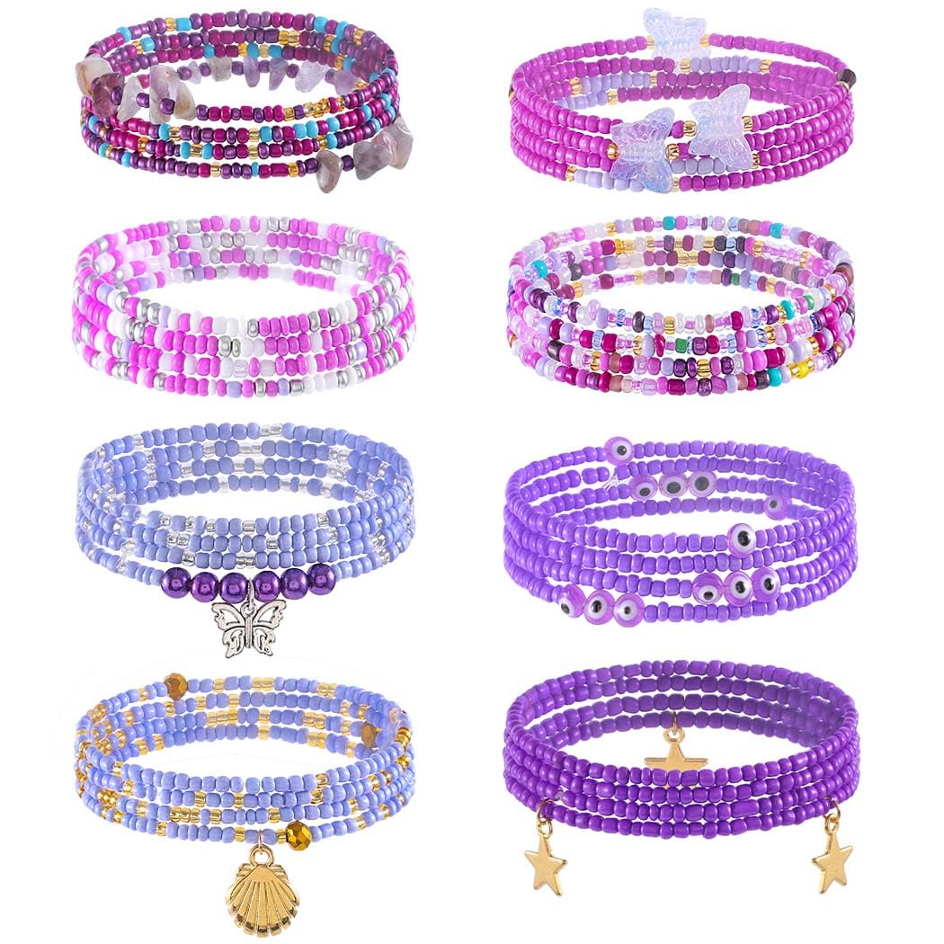 ELABEST 24-39inch African Waist Beads for Women 8Pcs Elastic Belly Beads Colorful Beaded Waist Jewelry Accessories Body Chain (Purple, 23.6inch/60cm)