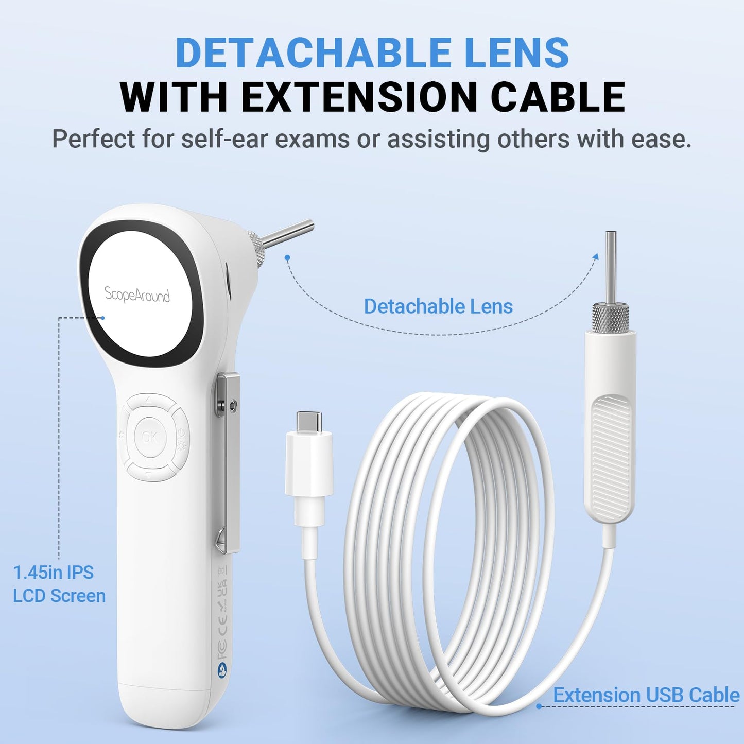 ScopeAround Digital Otoscope w/Built-in Screen, Manual-Focus Digital Otoscope with Light for Home Use, No App Needed, Easy Viewing for Everyday Ear Checks, Otoscope Camera, White