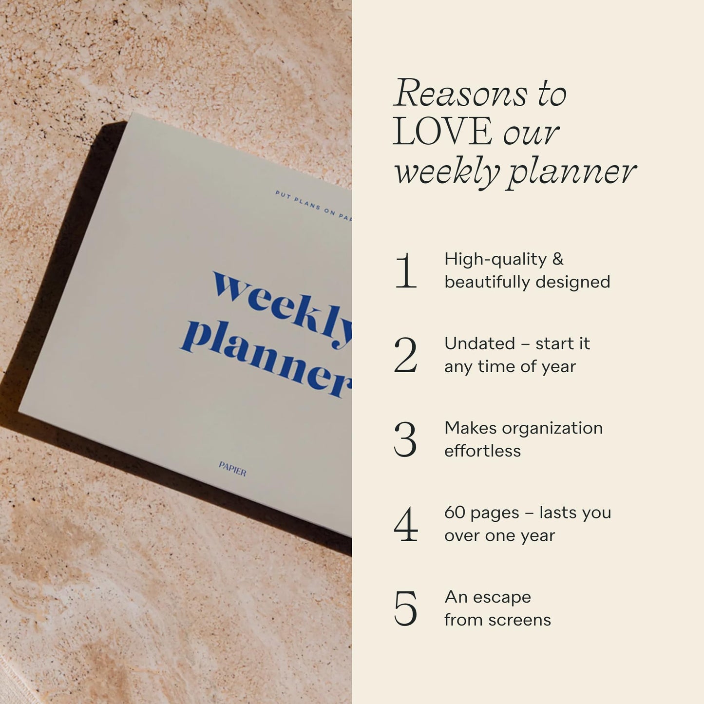 Papier Joy Weekly Desk Planner - Beige | 1 Page Per Week | Weekly Plan Section & Next Week Notes | TearOff Design | Table Top Office Essentials | 52 Sheets | Undated | Time Management & Organizer Gift