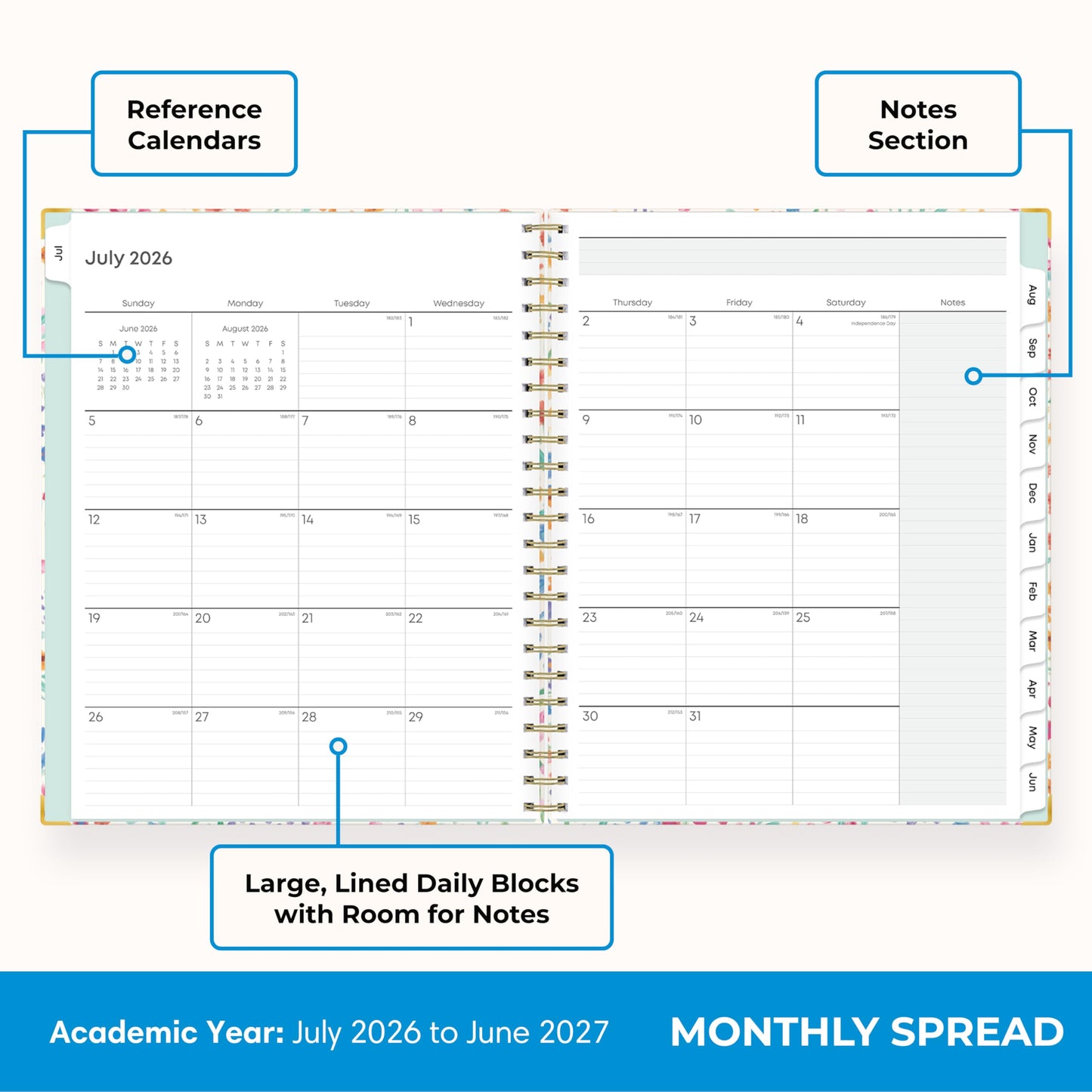 Blue Sky 2026-2027 Weekly and Monthly Academic Year Teacher Lesson Planner Calendar With Clipboard, July 2026 - June 2027, 8.5" x 11", Hard Cover, Wirebound, Laminated Tabs, Miah