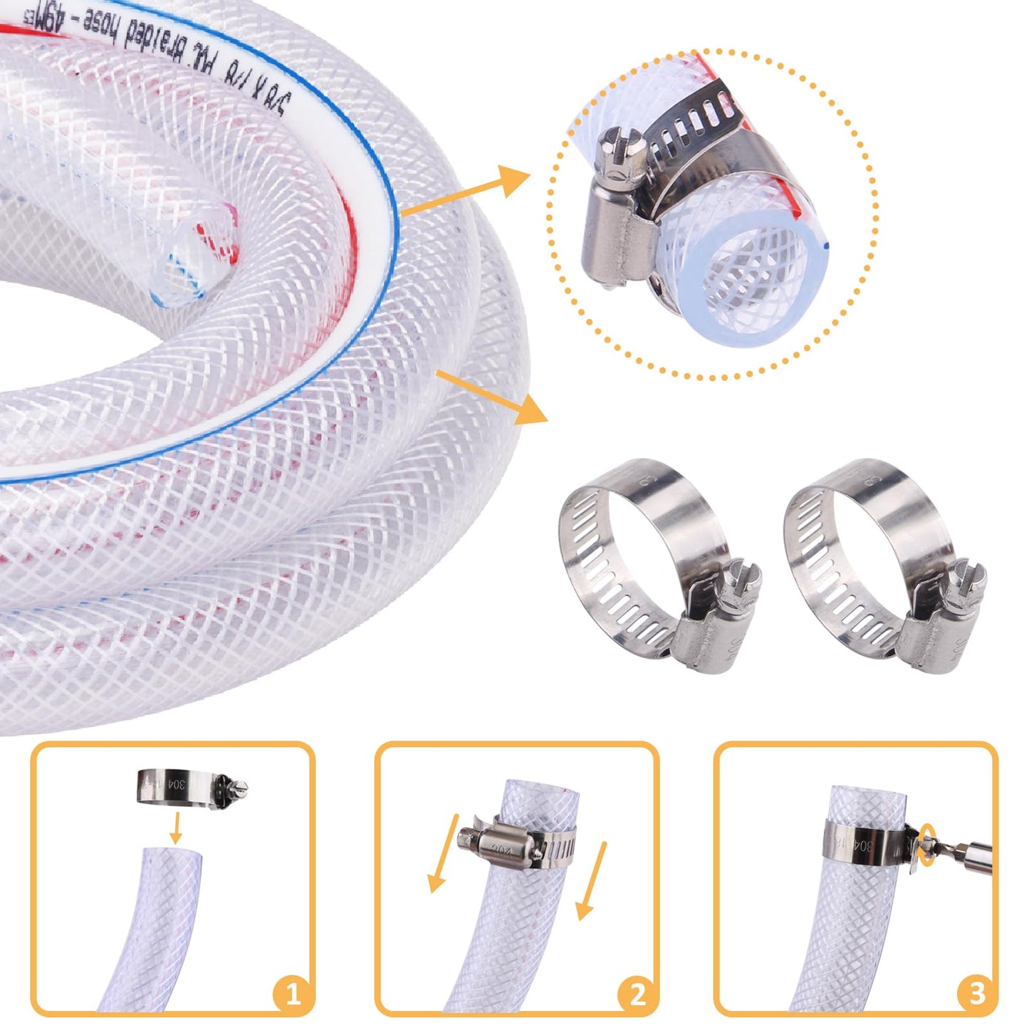 DERPIPE Soft Braided PVC Tubing - 5/8" x 7/8" OD High Pressure Clear Flexible PVC Tube Reinforced Vinyl Hose for Water, Oil with 2pcs Hose Clamps (10Ft)