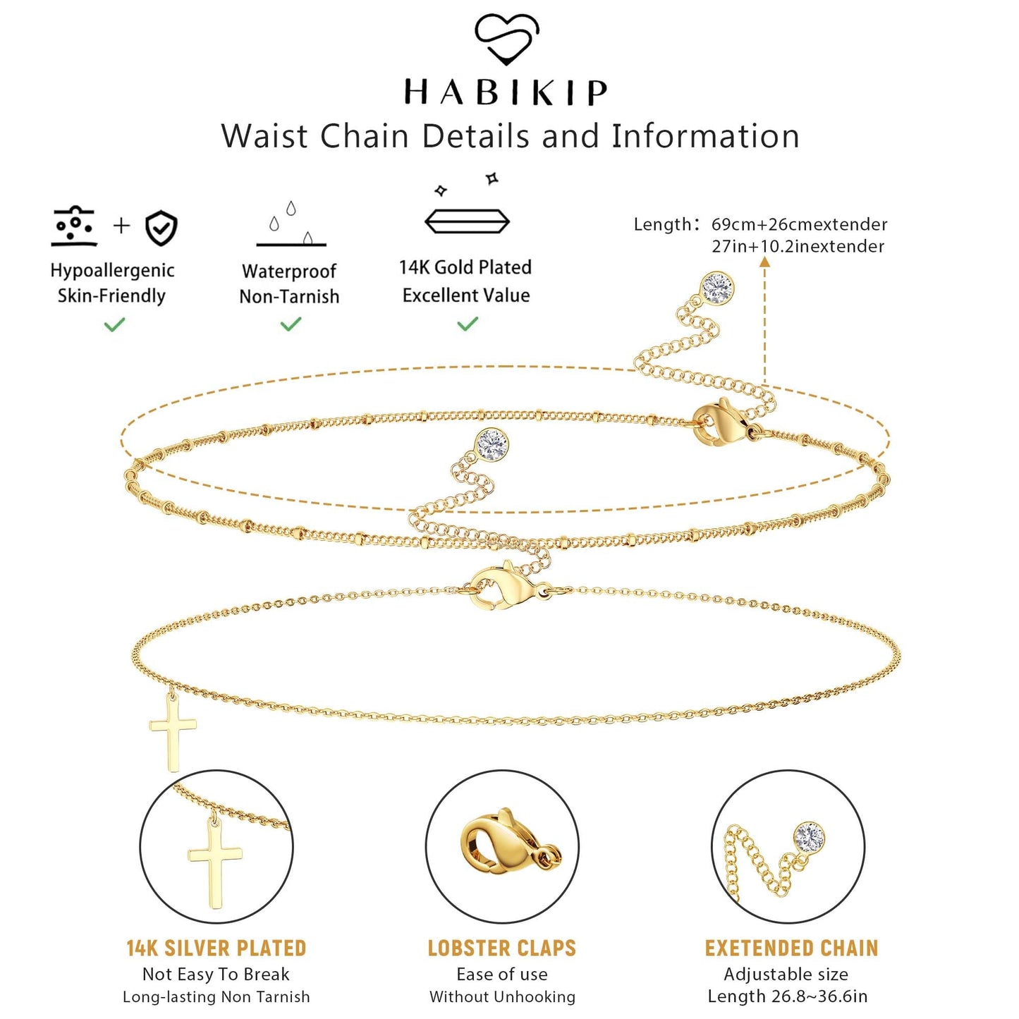 HABIKIP 14K Gold Plated Waist Beads Chain for Women, Dainty Layered Gold Plated Belly Cross Pendant Chain Belt Bikini Beach Waist Chain Adjustable Waterproof Body Chain Jewelry Accessories for Women