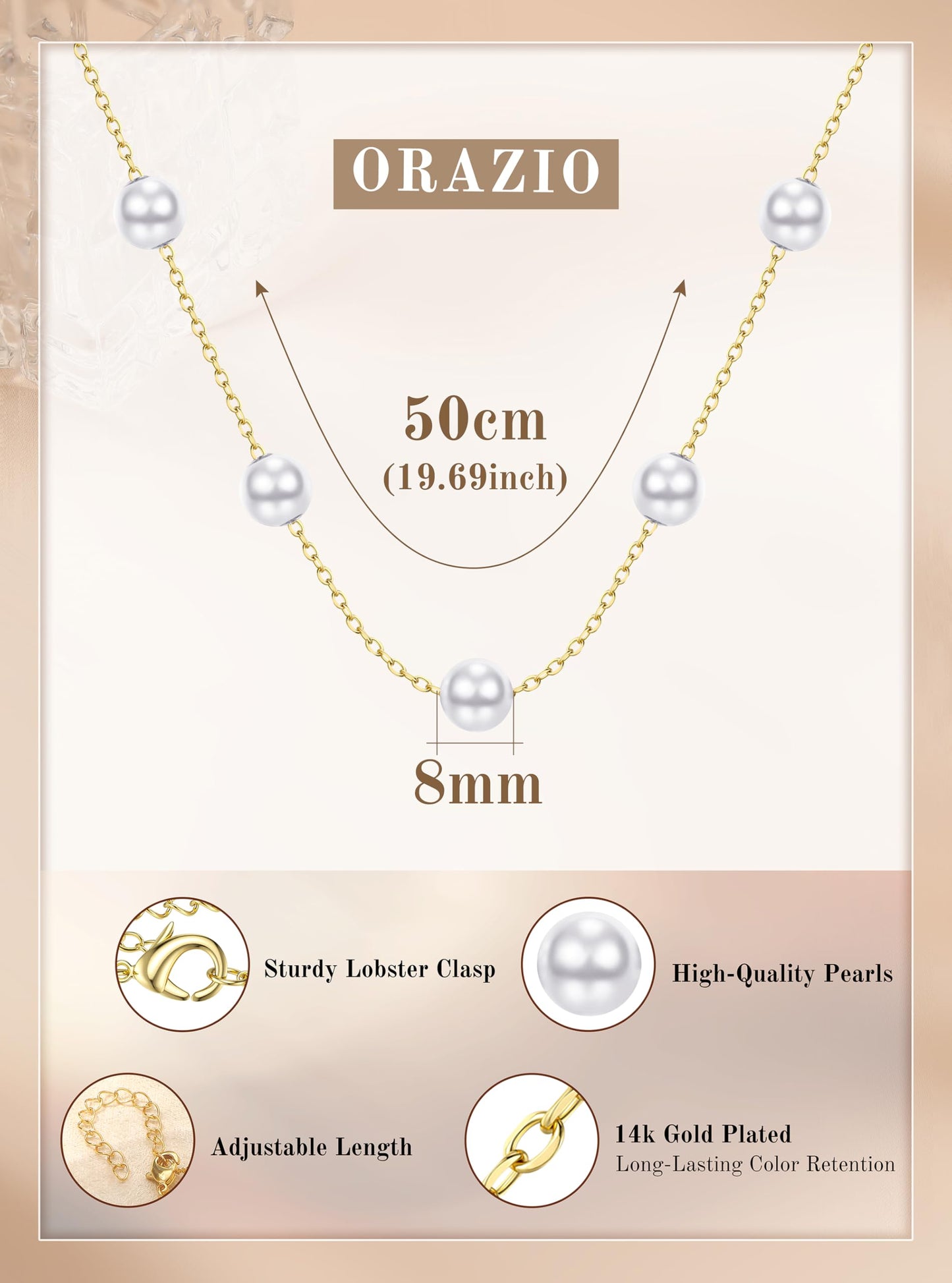 ORAZIO Dainty Gold Pearl Necklaces for Women, 14K Gold Plated Faux Pearl Choker Necklaces Trendy Small Pearl Necklace Strand Wedding Prom Bridal Pearls Jewelry Gifts 20 in 8mm