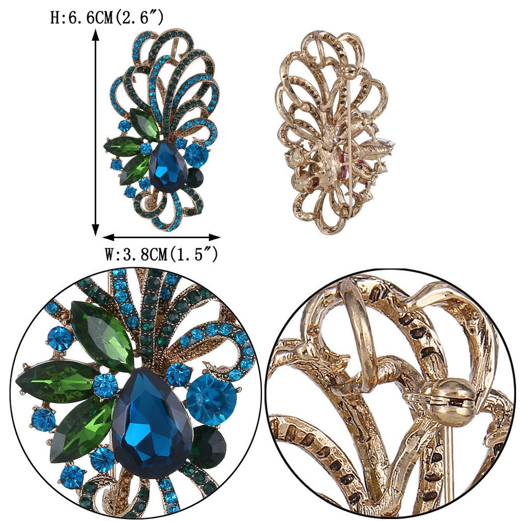 EVER FAITH Antique Gold-Tone Austrian Crystal Flower Ribbon Teardrop Brooch Pendant Blue