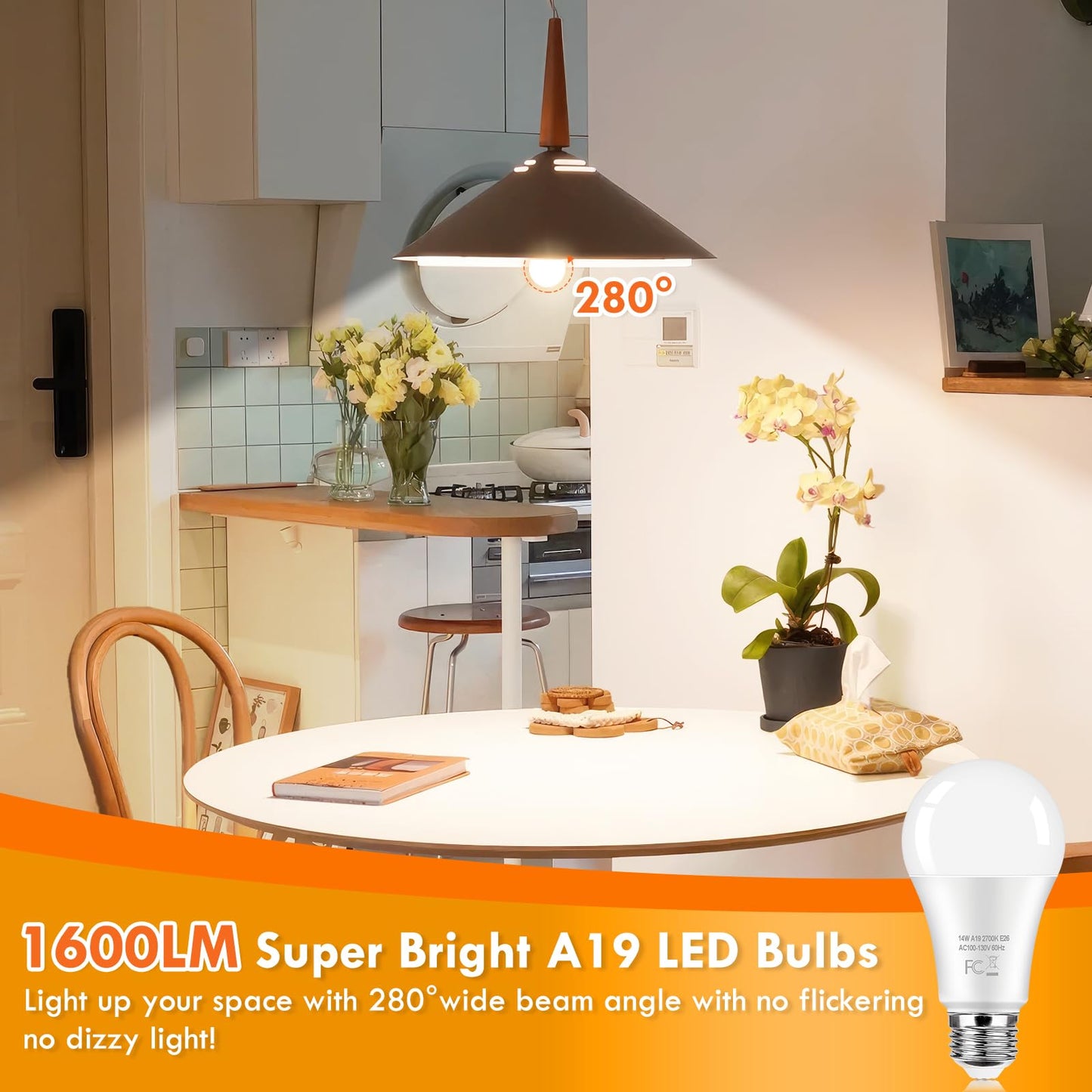 Kondras 12-Pack A19 LED Light Bulb 100 Watt Equivalent, 14W 1600LM Non-Dimmable Bright Light Bulbs, 2700K Warm White Standard E26 Base LED Bulbs for Kitchen Bathroom Home Lighting Lamp, 90+ High CRI