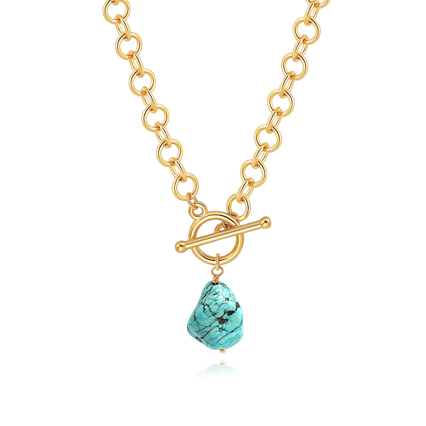 PEARLADA Natural Turquoise Stone Pendant Necklace, Chunky 18k Gold Plated Toggle Necklace, Statement Turquoise Jewelry for Women