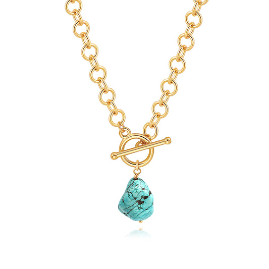 PEARLADA Natural Turquoise Stone Pendant Necklace, Chunky 18k Gold Plated Toggle Necklace, Statement Turquoise Jewelry for Women