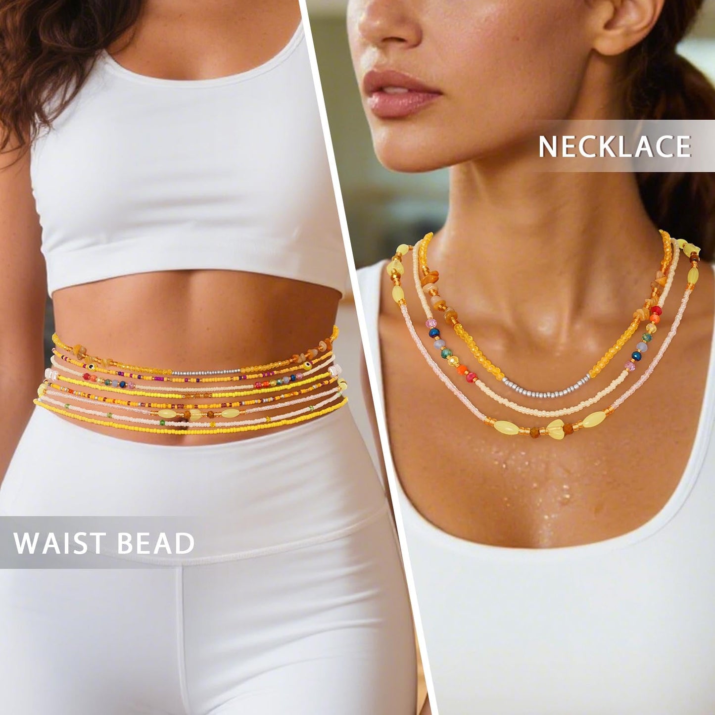 ELABEST Adjustable Handmade Waist Beads Stretchy 23-52 inch 8Pcs Chakra Body Belly Beaded Women Waist, Anklet, Bracelet, Necklace Jewelry with Screw clasp (Yellow, 39.3inch/100cm)