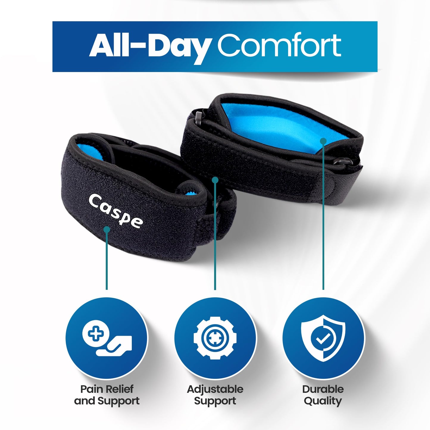 Caspe 2 Pack Tennis Elbow Brace for Men and Women – Adjustable Arm Brace for Tendonitis, Golfer’s Elbow and Bursitis – Arm Band & Counterforce Forearm Support, Daily Use Pain Relief – Blue