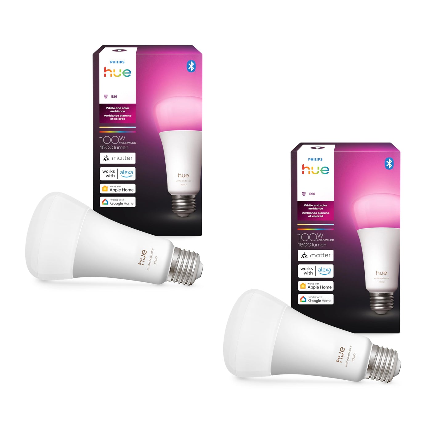 Philips Hue Smart LED A21 Bulb,White and Color Ambiance, E26 Base,13.5W, Full Spectrum Light 1000K-20000K,1600 Lumens, Dimmable, Compatible with Alexa, Google, Apple Home, 2pk