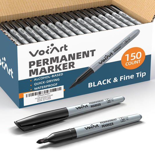 VOKART Permanent Markers Bulk, 150 Pack Black Permanent Markers, Thin Fine Point Tip for Office & Moving Supplies, Quick-Dry & Waterproof Ink Marker Pens for Moving Boxes, Labeling & Industrial Use