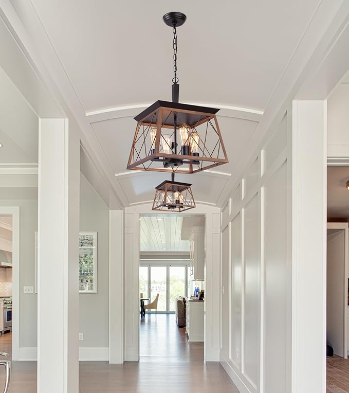 Q&S Farmhouse Rustic Chandeliers,Antique Geometric Industrial Hanging Light Bronze 4 Lights for Dining Room Kitchen Island Entryway Foyer Restaurant UL Listed