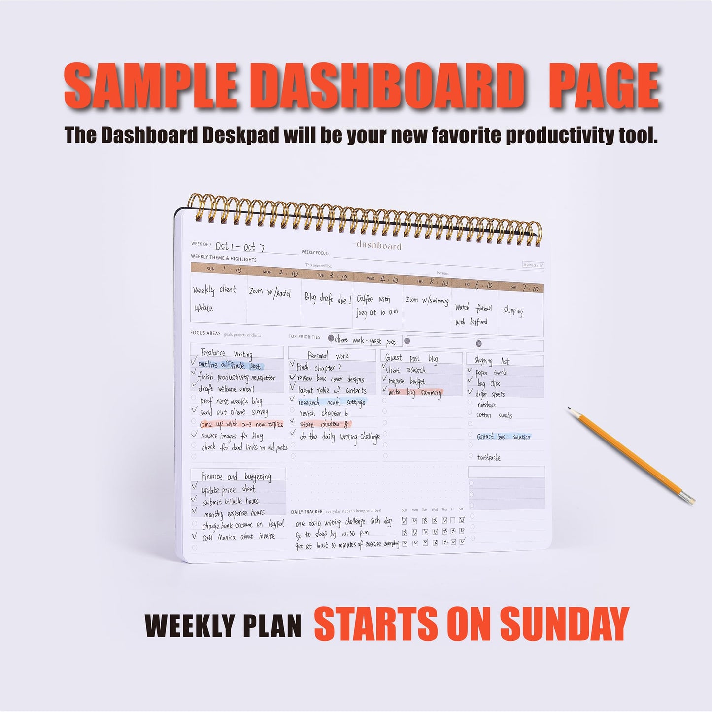 ZERONE CENTRE Productivity Weekly Planner - 54 Sheets Dashboard Spiral Deskpad Has 6 Focus Areas to List Tasks for Goals, Projects, Clients, Academic, or Shopping-Organize Your Daily Work Efficiently