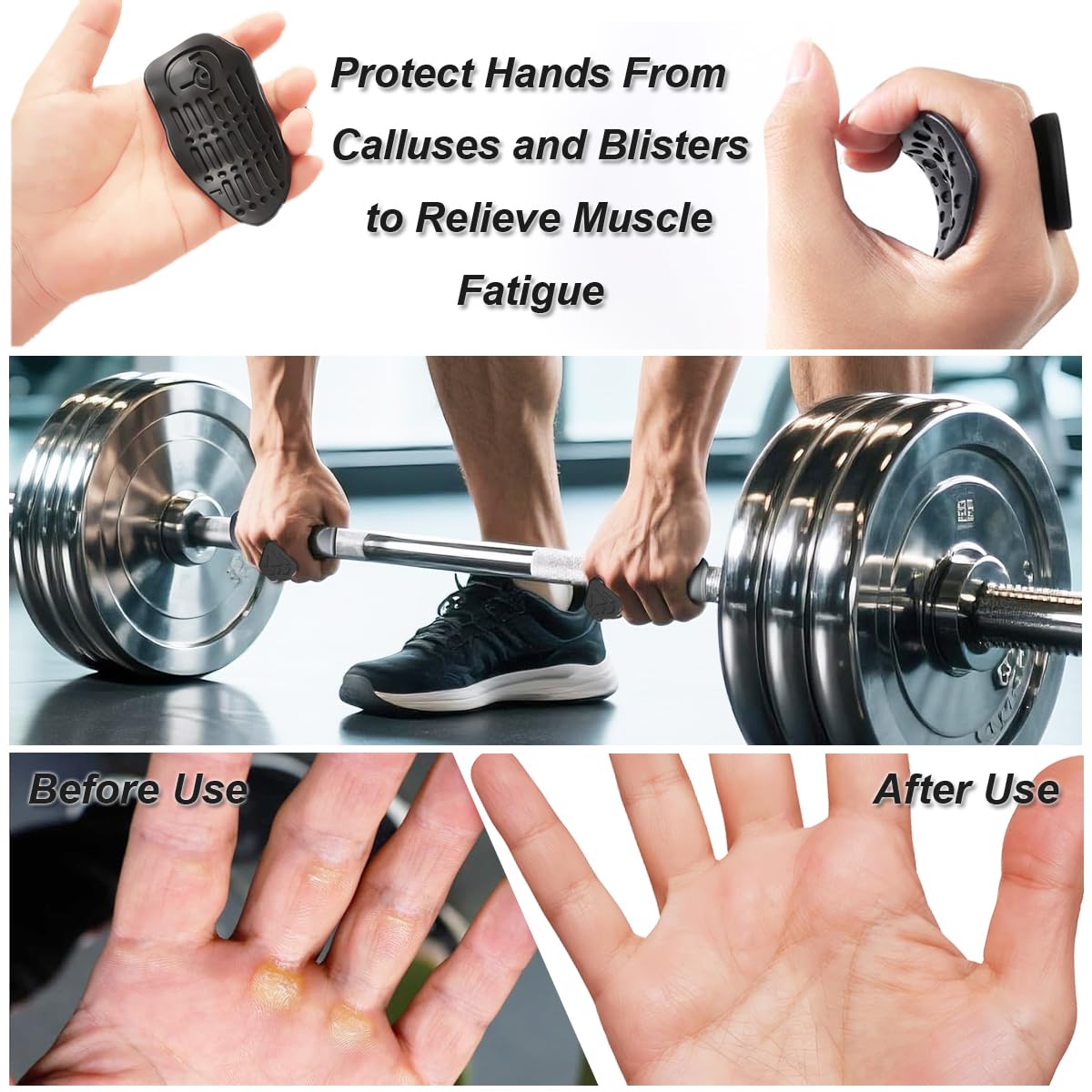 Anti-Slip Workout Grips for Men & Women - Rubber Gym Palm Protectors for Weight Lifting, Pull-Ups, Dumbbell, Fitness Training and Exercise, No Sweaty Hands, Ergonomic Hand Protection Gloves (Black)