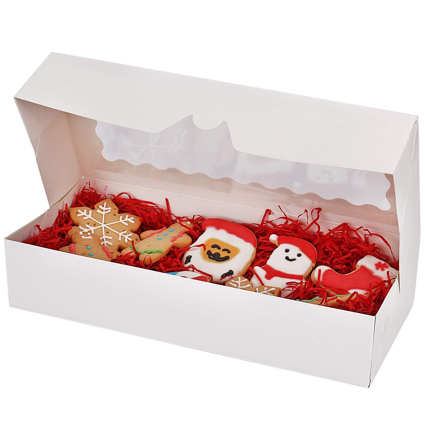 Tcoivs 30-Pack Cookie Boxes 12.5" x 5.5" x 2.5", Bakery Boxes with Window, Auto-Popup Treat Boxes for Pastries (White)