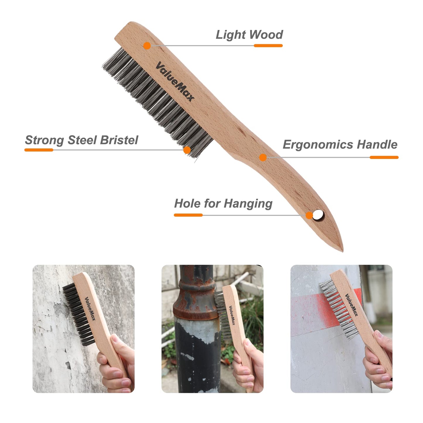 ValueMax Wire Brush Set, 8Pcs Stainless Steel/Brass/Nylon Bristles with Curved Handle Grip, Heavy Duty Stainless Steel Wire Scratch Brush with Beechwood Handle for Rust, Dirt and Paint Cleaning