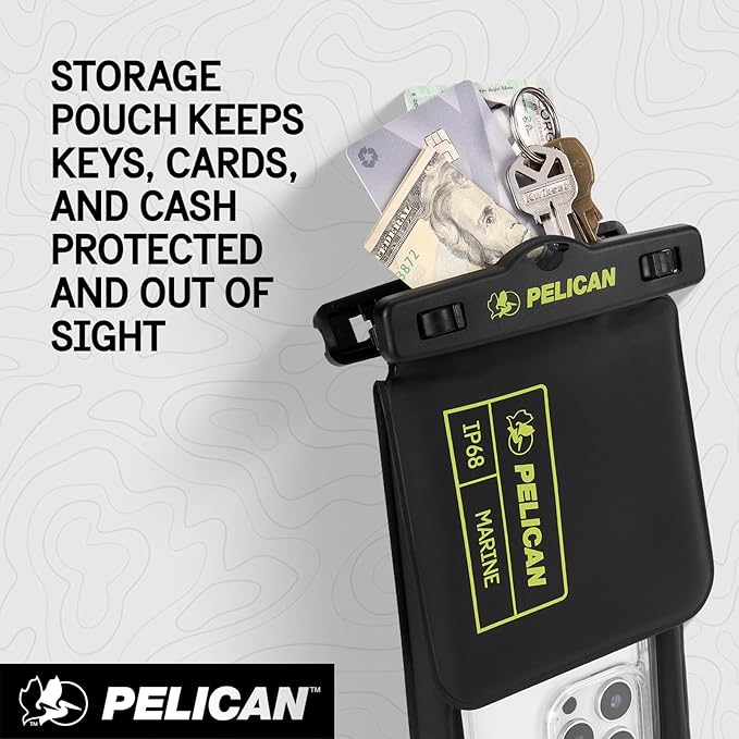Pelican Marine - IP68 Waterproof Phone Pouch w/Storage Pocket (Large) - Floating Waterproof Phone Case - Beach Cruise Travel Essentials - Fits All Phones - Detachable Lanyard - Black/Hi-Vis Yellow
