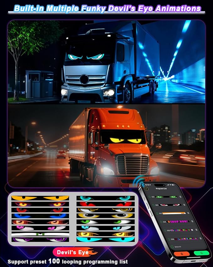 Large LED Devil Eye Lights for Windshield 69"x7.5" [Advanced Chip, 100% Synced Dual Screen] Programmable Custom Big LED Cat Eyes Display for Truck/Golf Cart Window with Remote & APP Control