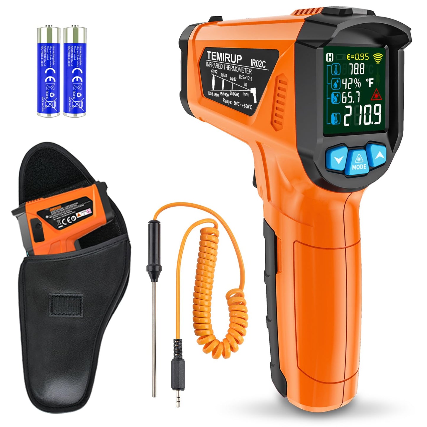Infrared Thermometer Gun, Non Contact Digital Laser Thermometer Temperature Gun with Color LCD for Cooking, Home Repairs, Humidity Measurement, Adjustable Emissivity -58°F to 1472°F(-50~800°C)