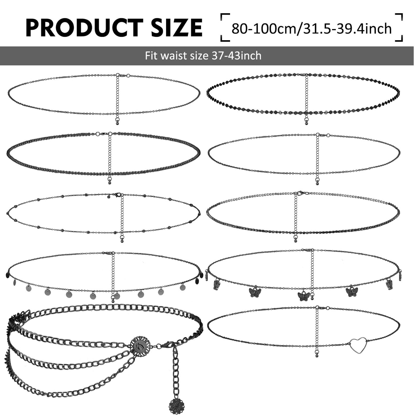 Lenwen 10 Pcs Summer Beach Belly Chain Adjustable Waist Multi Layered Chain Waist Jewelry for Women Girls Multilayer Body(Stylish Style,Black)