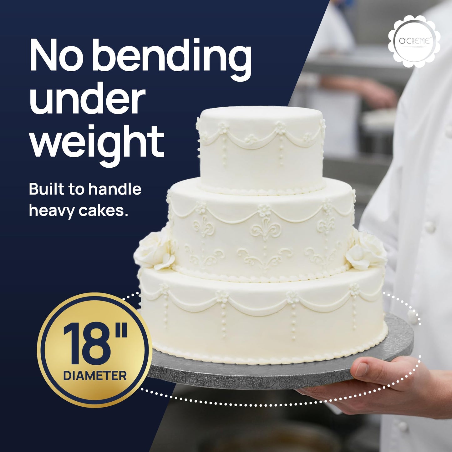 O’Creme Cake Board, Silver Foil Round Cake Circles with Gorgeous Design, Sturdy & Durable 1/2” Thick Cake Drums, Round Cake Boards with 18” Diameter, Pack of 5 Disposable Cake Drums