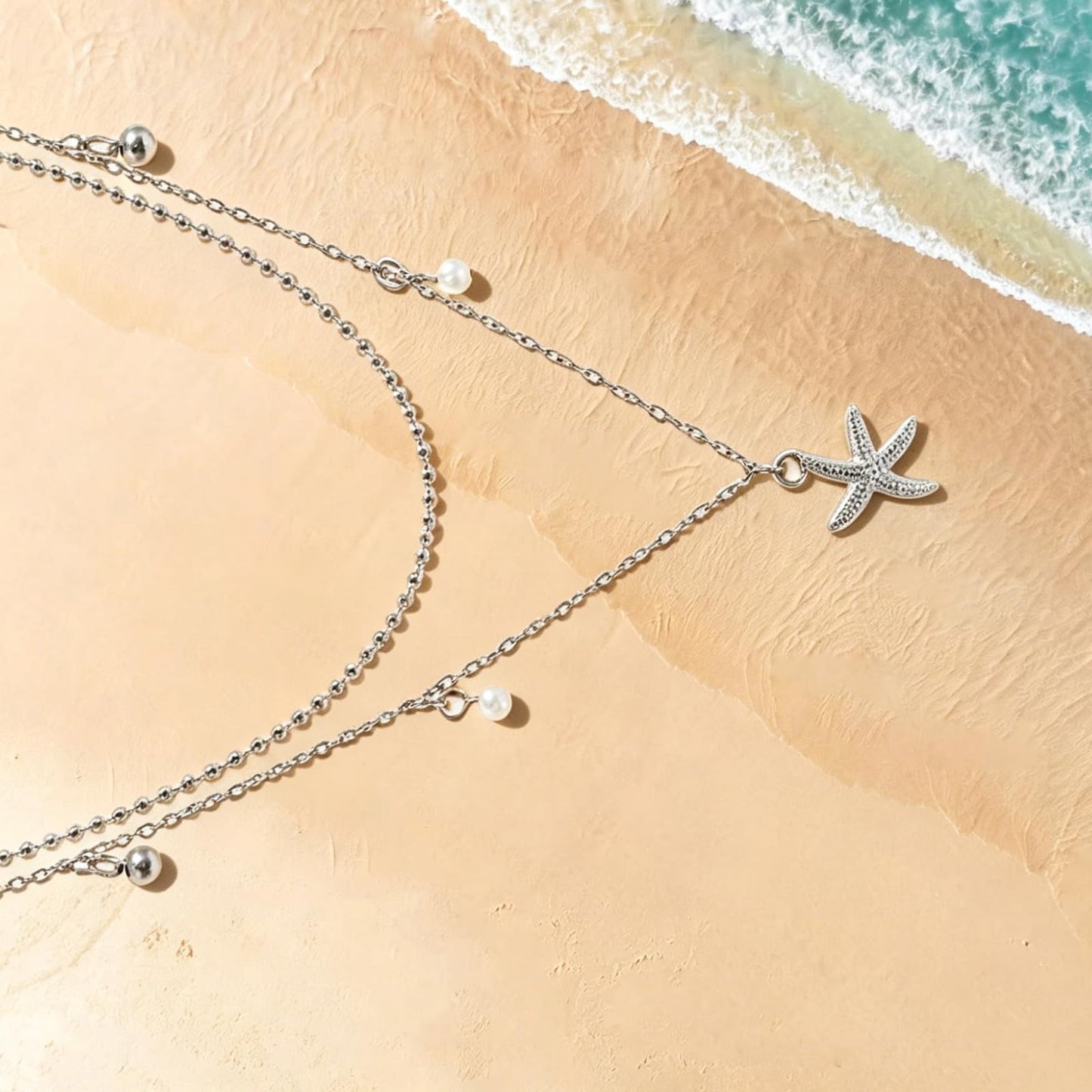 Starfish Shell Necklace for Women,14k Gold Plated Silver Layered SeaShell Pearl Pendant Charm Necklaces Dainty Non Tarnish Adjustable Waterproof Beaded Necklace Stack Jewelry for Summer Beach Vacation (Silver Starfish Necklace)