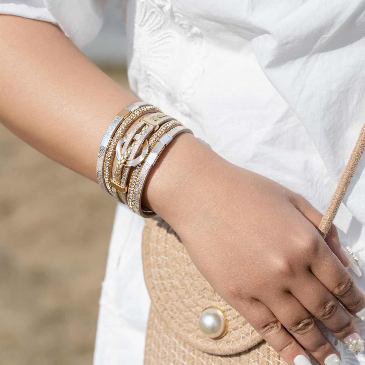 FANCY SHINY Boho Leather Wrap Bracelets Circle Square Bead Braided Handmade Stackable Bracelet Trendy Cuff Bangle for Women(Cream)