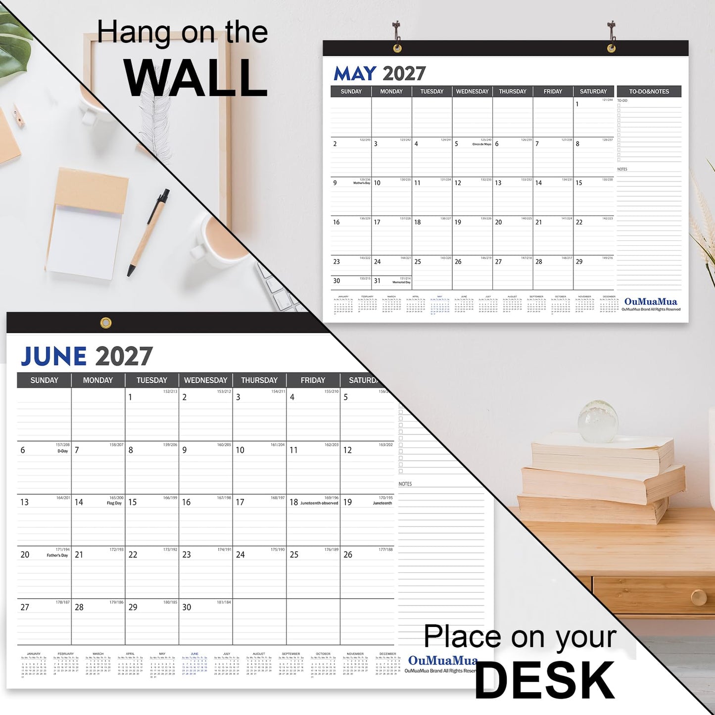 OuMuaMua Large Desk Calendar 2026-2027 - 19 Months from Jun. 2026 through Dec. 2027, 22 x 17 Inches Desktop Wall Calendar with Julian Date To-do & Notes, Corner Protectors for School Home Office