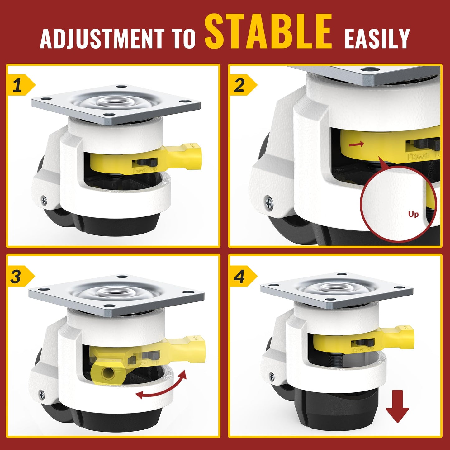 HOLKIE Leveling Casters with Ratchet Handle Design - Total Capacity 2200 lbs - Heavy Duty Industrial Casters Set of 4 with Adjustable Leveling Pads (TD60)