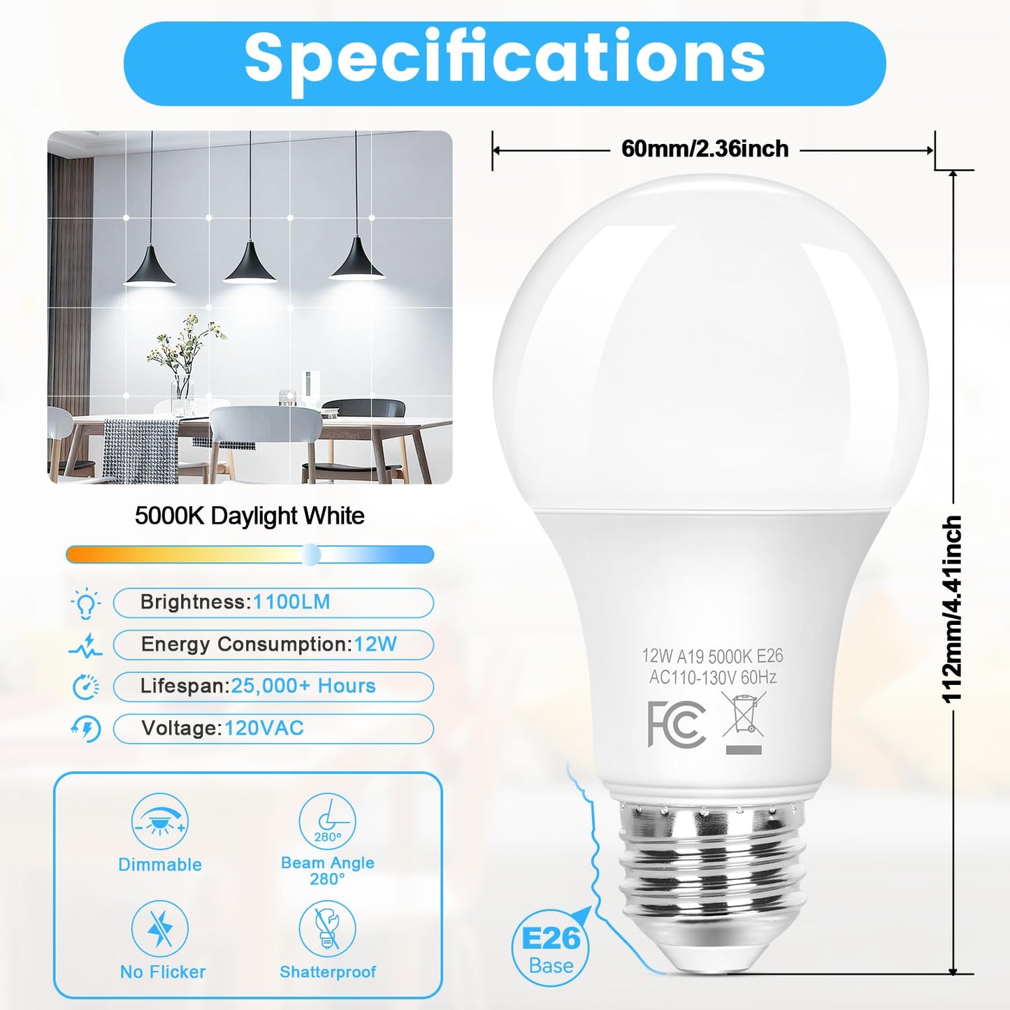 Brightever A19 LED Light Bulbs Dimmable, 100 Watt Equivalent Light Bulbs, Daylight White 5000K, 1100 Lumens, 12W Bright E26 LED Bulb, Energy Efficient for Bedroom Living Room Home Office Lamp, 8-Pack