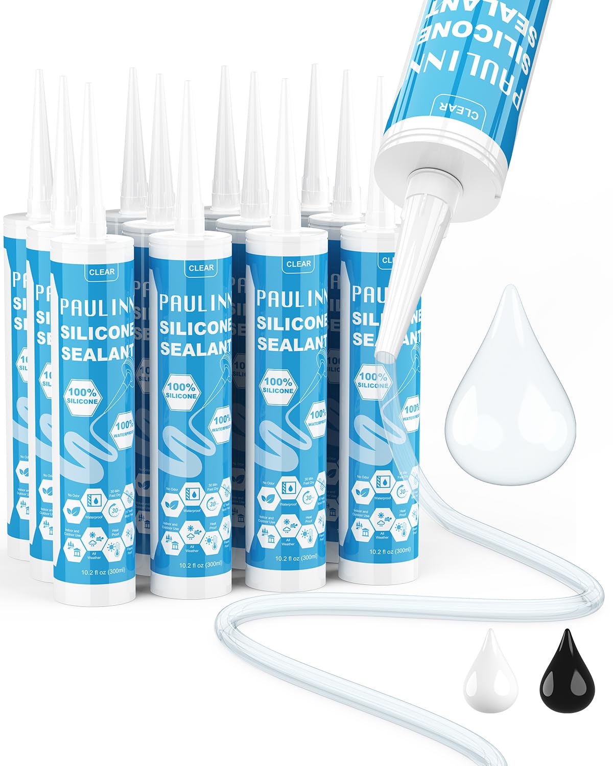PAULINN 12 Packs Clear Silicone Sealant Waterproof 100% Silicone Caulk