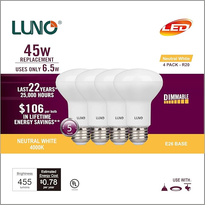 LUNO R20 Dimmable LED Bulb, 6.5W (45W Equivalent), 455 Lumens, 4000K (Neutral White), Medium Base (E26), UL Listed (4-Pack)