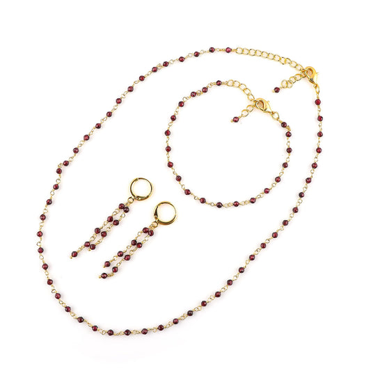 CRYSTALINES (3pcs Natural Garnet Gemstone Cluster Jewelry Combo Set, 14K Gold Plated, Microfaceted Beads Rosary Chain, Handmade Hypoallergenic Jewelry - Bracelets, Necklace, Earrings for Women