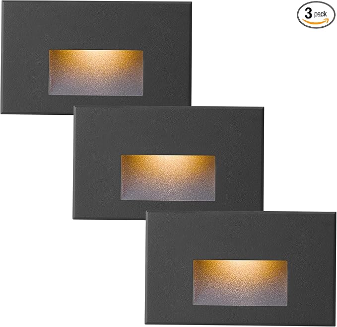 Step Lights Outdoor Indoor LED Stair Lights, 3000K Warm White 12V Low Voltage, 4W 350LM IP66 Waterproof, Horizontal Black for Stairs, 3-Pack