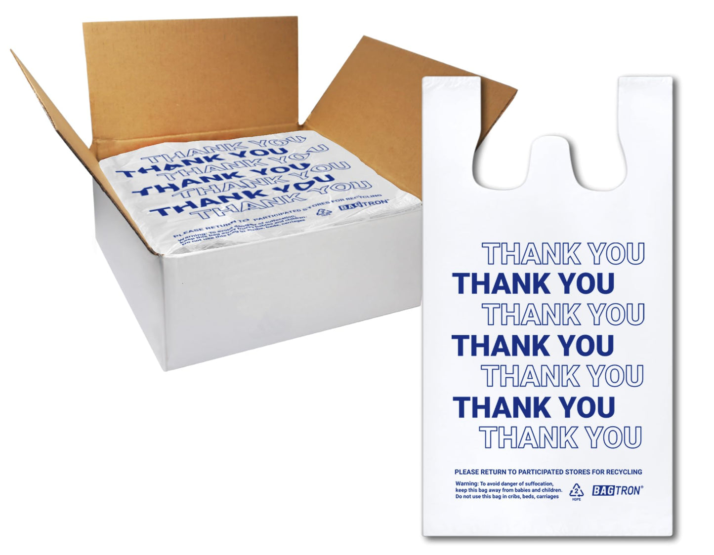 Bagtron Thank You T-Shirt Carry-Out Bags, Disposable Plastic Bags with Handles for Shopping and Restaurant, 1/5 Barrel, 0.75 Mils, White/Blue, 13" x 8" x 23" Large, 500 Count