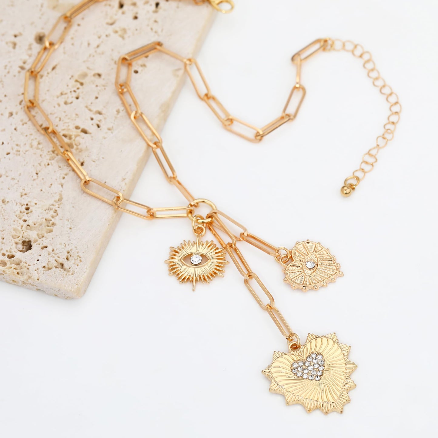 BONJOULRY Chunky Gold Sun Heart Necklace for Women Evil Eye Heart Charm Pendant Necklace Zirconia Charm Necklace Fashion Gold Jewelry Pendant Necklace for Women
