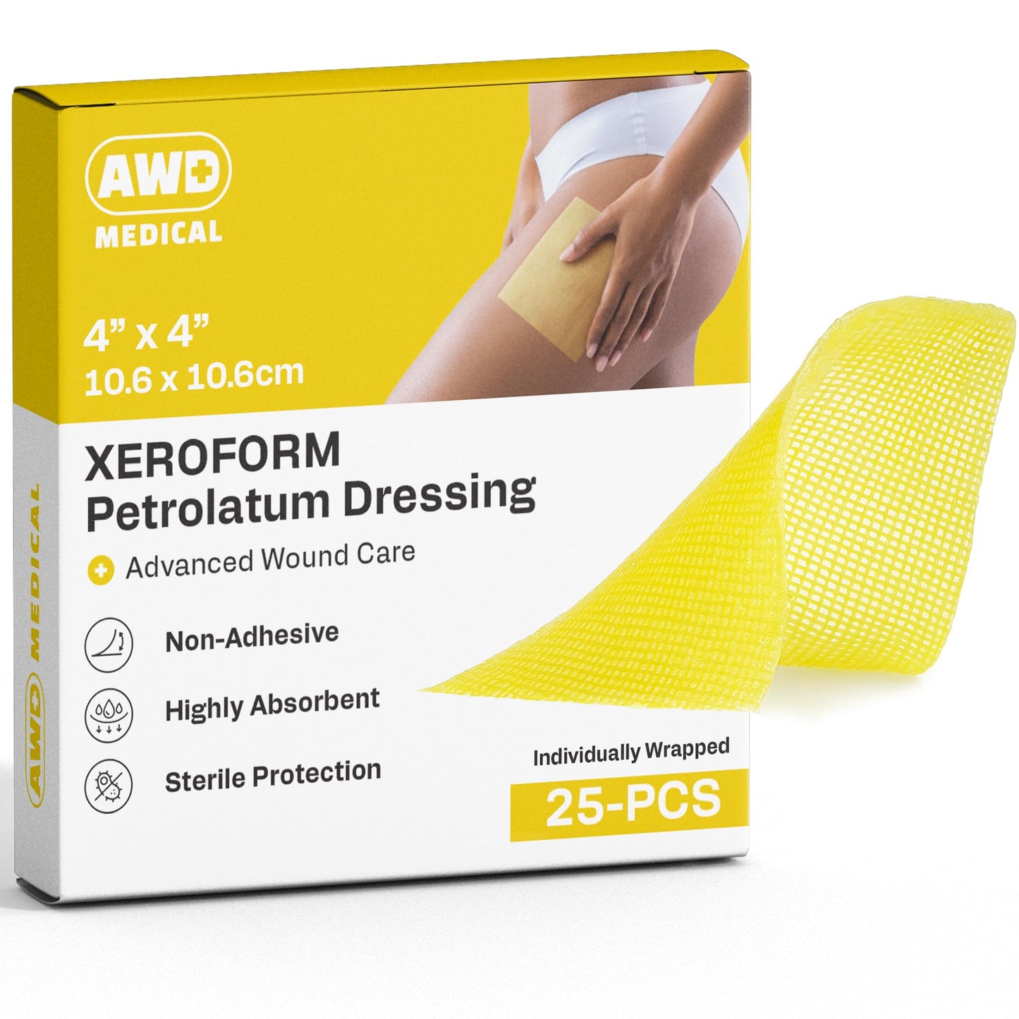 AWD Medical 4"x4" Xeroform Petrolatum Dressing, Non-Adherent Sterile Mesh Gauze for Burns, Skin Grafts, Surgical Wounds & Lacerations, Individually Wrapped (25 Count)