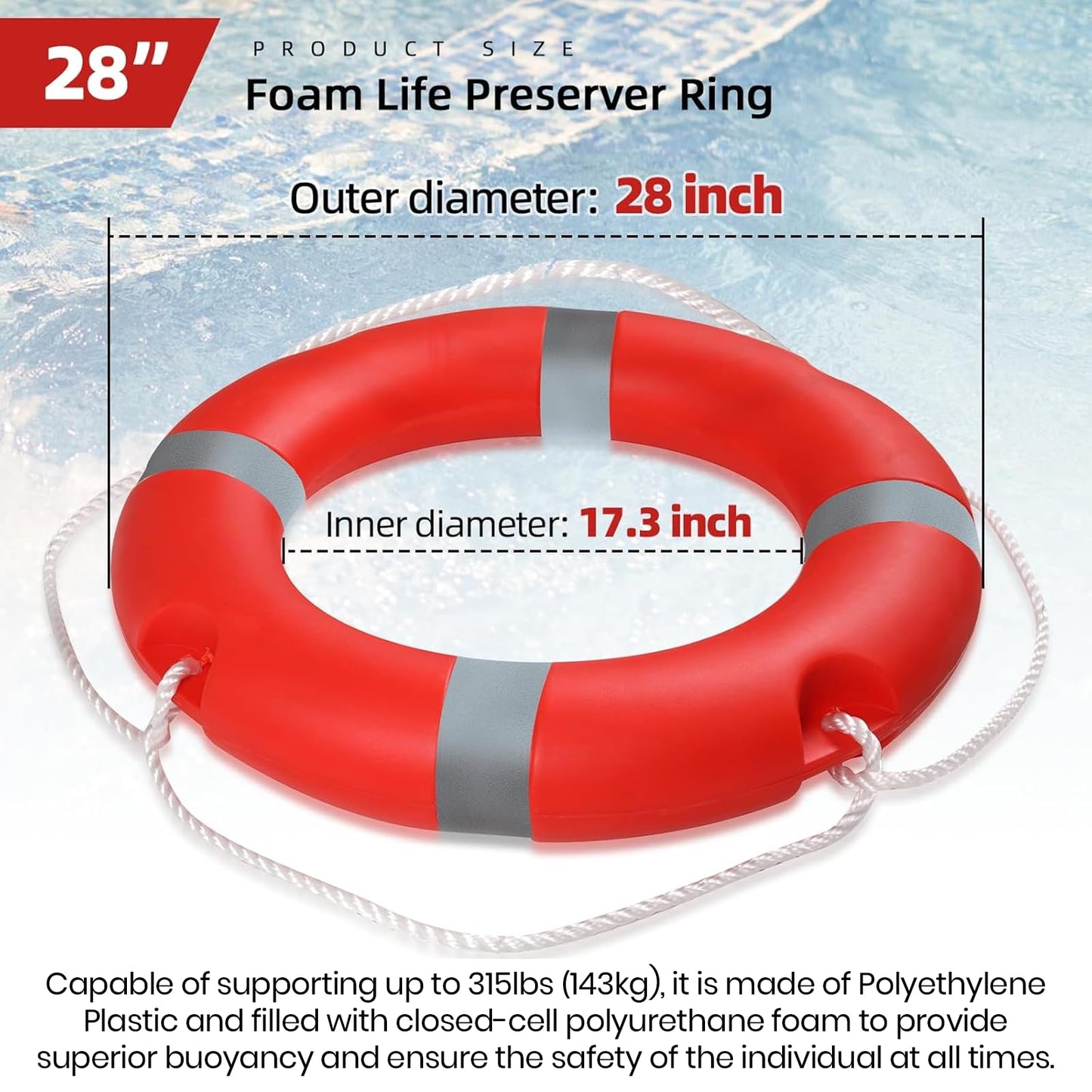 Calvana 28 Inch Life Ring Buoy with Grab Rope, Marine Throw Ring Lifebuoy for Boat Dock Pool Waterfront Safety, Closed-Cell Polyurethane Foam Core, High-Strength Polyethylene Shell, Red