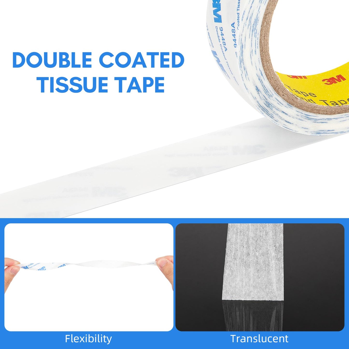 3M Double Sided Tape 1"×32.8Ft 2 Pack 9448A Double Coated Tissue Tape Adhesive Sticky Tape Translucent Removable for Foam Art Craft Nameplate Bonding