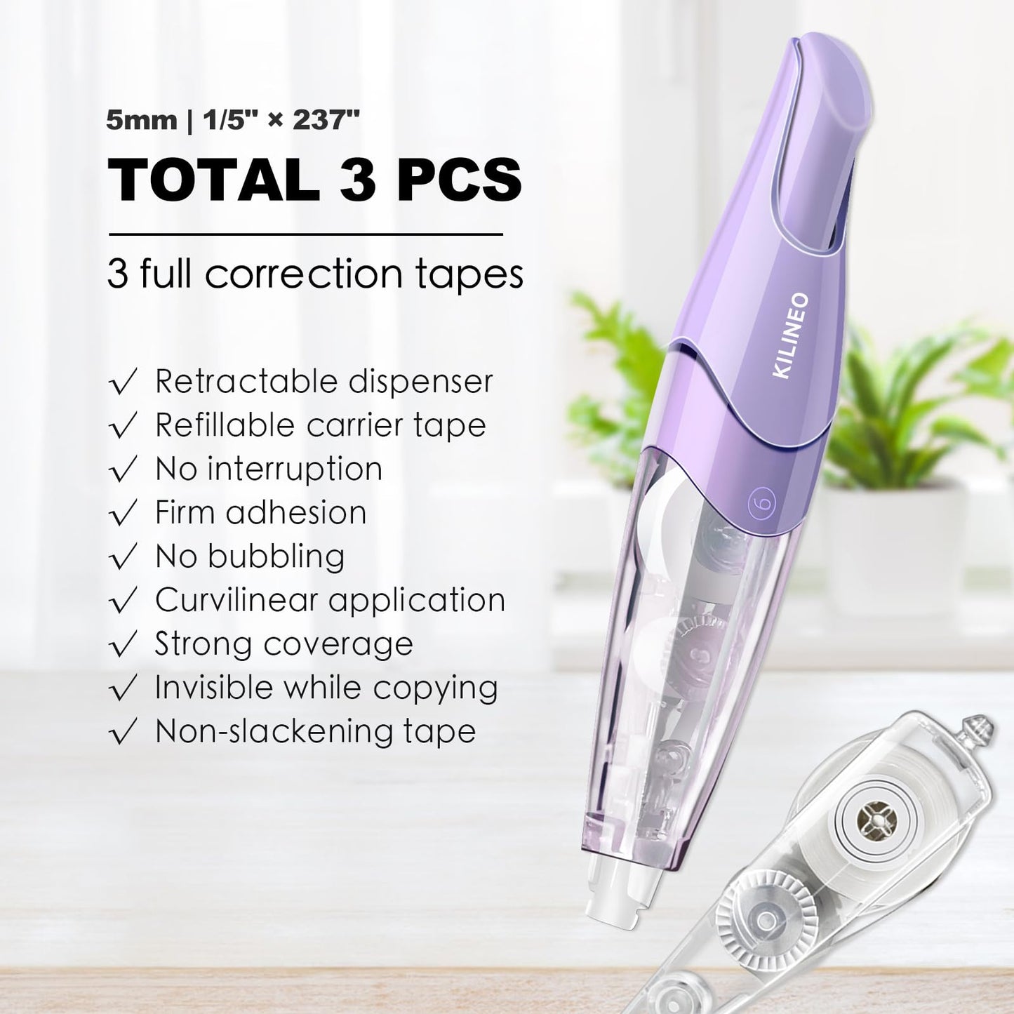 KILINEO Refillable Retractable White Correction Tape, Pen Shaped White Smooth Pull Out Japanese Aesthetic Cute Correction Tape for Office Supplies, 3 PCS (ZH-99)