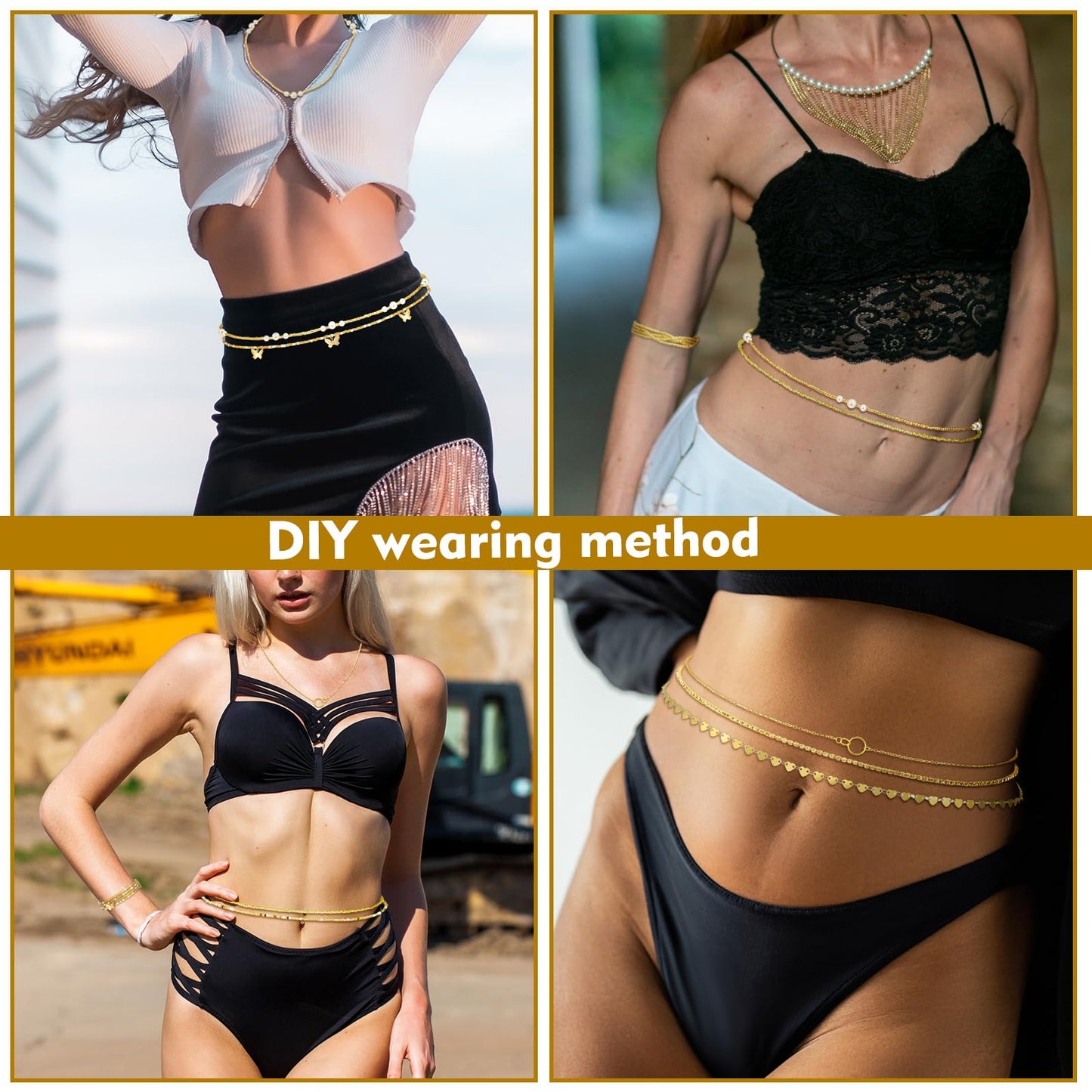 Lenwen 10 Pcs Summer Beach Belly Chain Adjustable Waist Multi Layered Chain Waist Jewelry for Women Girls Multilayer Body(Cute Style,Gold)