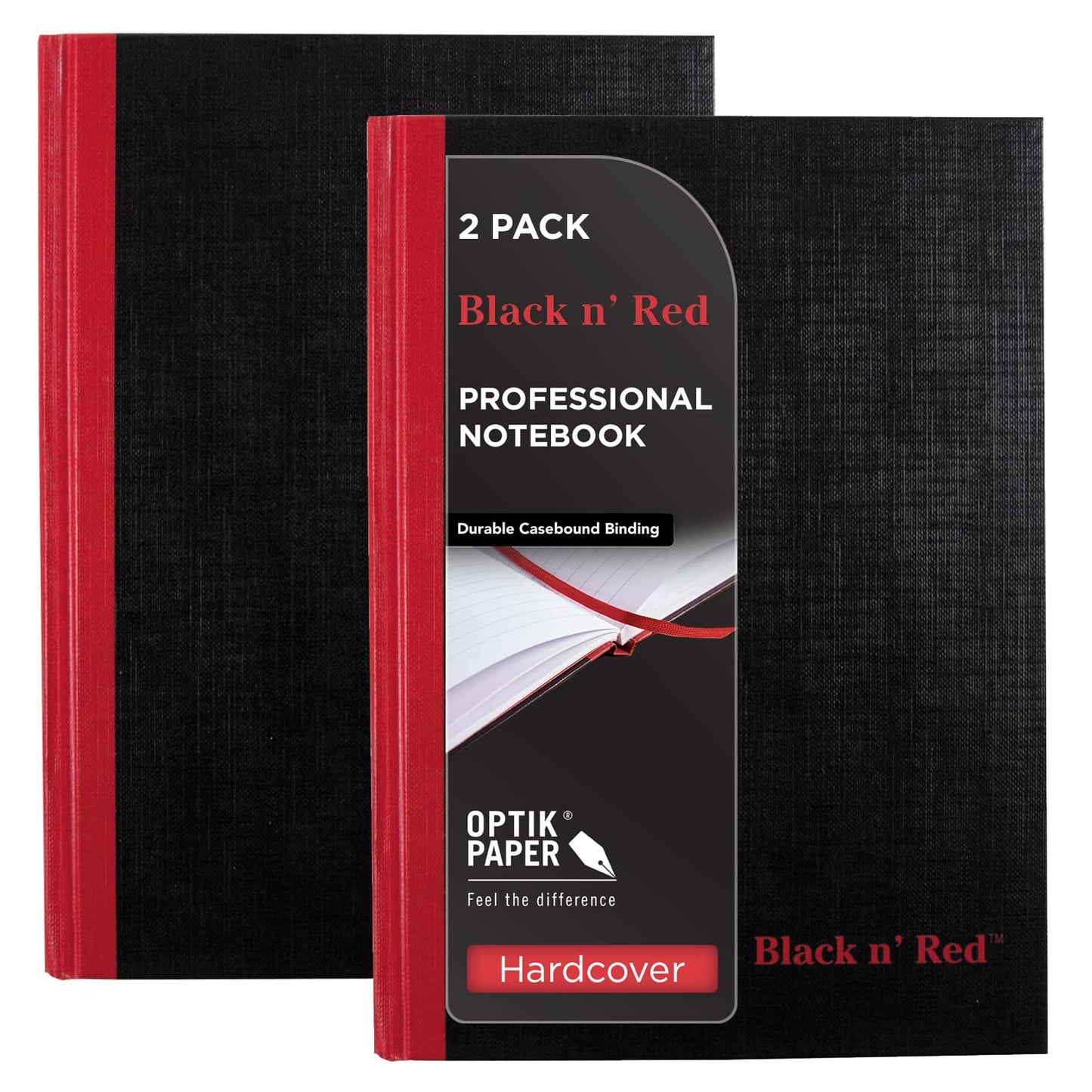 Black n' Red Notebook, Durable Hardcover, Premium Optik Paper, Scribzee App Compatible, Casebound Binding, 8-1/4" x 5-7/8", 96 Double-Sided Ruled Sheets, Pack of 2 (73405)