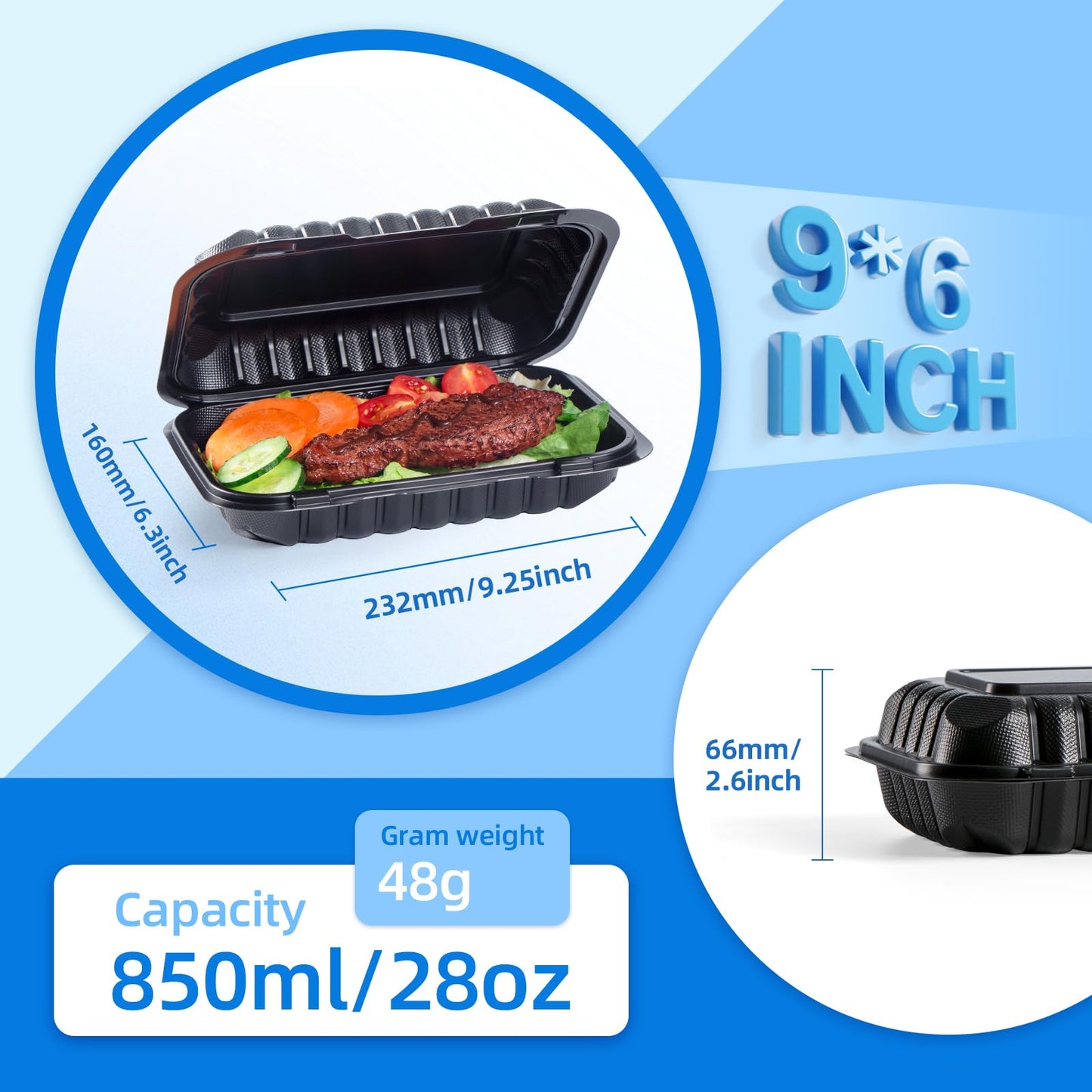 YANGRUI Takeout Containers 9x6 28 oz 50 Pack - Shrink Wrapped No Pre-Wash Mineral-Filled BPA Free PP Plastic | Reusable Heavy Duty Microwave Safe | Restaurant Grade Black Clamshell Food Container